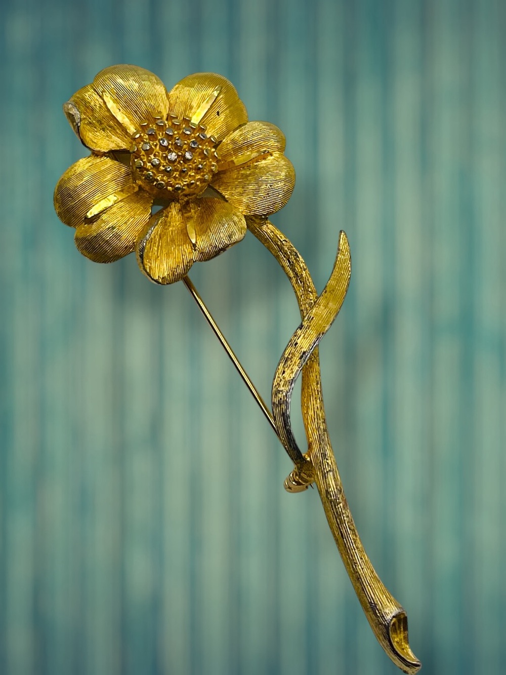 Vintage BSK Textured Brushed Gold Tone Long Stem Flower Brooch Pin Estate Pc